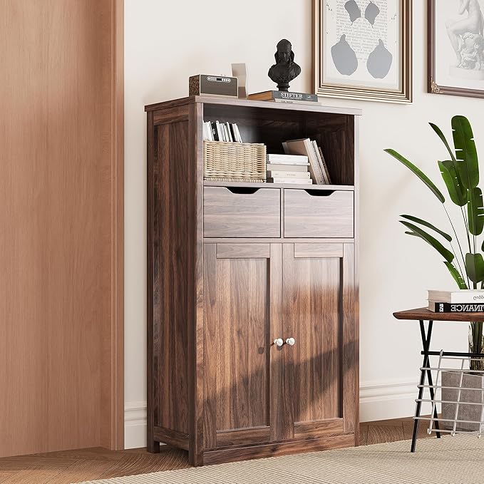 Shintenchi Floor Storage Cabinet, Bathroom Storage Organizer with Doors and Drawers, Freestanding Side Cupboard Pantry with Adjustable Shelf for Bathroom/Kitchen/Livingroom, Walnut