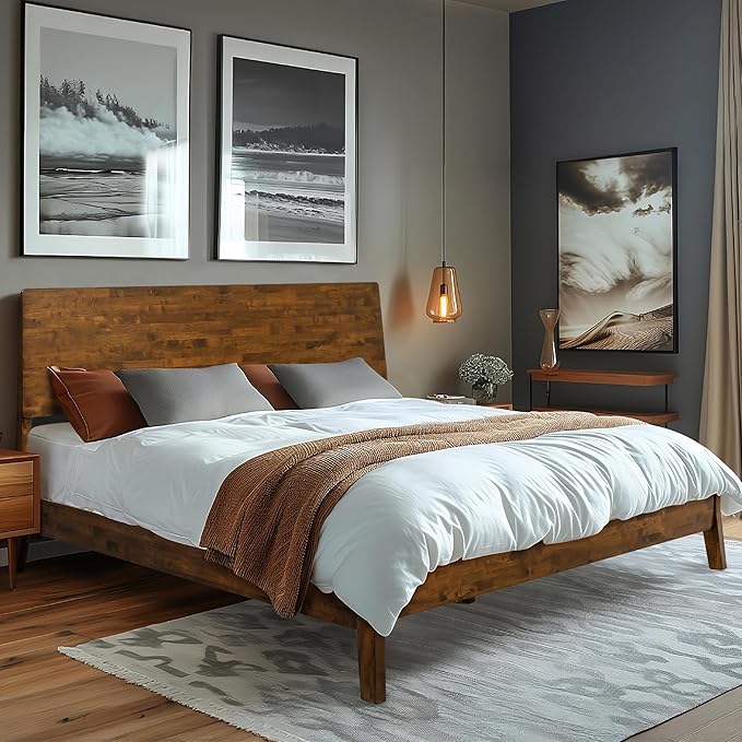 Acacia Serenity King Bed Frame and Headboard Solid Wood Platform Bed, King Size Bed Frame and Headboard, Scandinavian Wood Bed Compatible with All Mattress Types, Non-Slip and Noise-Free, Caramel