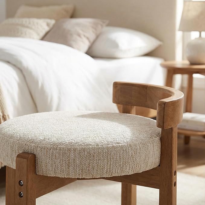 HNY Modern Chenille Vanity Chairs & Ottoman: Upholstered Round Seat with Solid Wood Legs, for Makeup Dressing, Living Room Footrest or Piano Bench, Beige