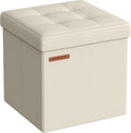SONGMICS Storage Ottoman, Foldable Small Ottoman Foot Rest, 11.8 Inches Foot Stool, Cube Ottoman with Storage, Load up to 286 lb, for Living Room, Bedroom, Dorm, Cream White ULSF028W01