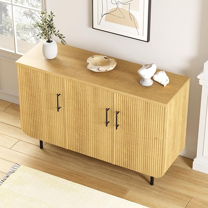 Set of 2 Fluted Natural Storage Cabinets, Modern 3-Door Sideboard Buffet Cabinet with Adjustable Shelves and Metal Legs, Accent Cabinet for Kitchen, Living Room, Entryway (Natural & Black)
