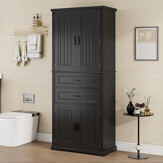 Tall Storage Cabinet, Bathroom Floor Freestanding Storage Cabinet with 2 Doors, Adjustable Shelf, and 2 Drawers for Bathroom, Office, Living Room, MDF Board, Black