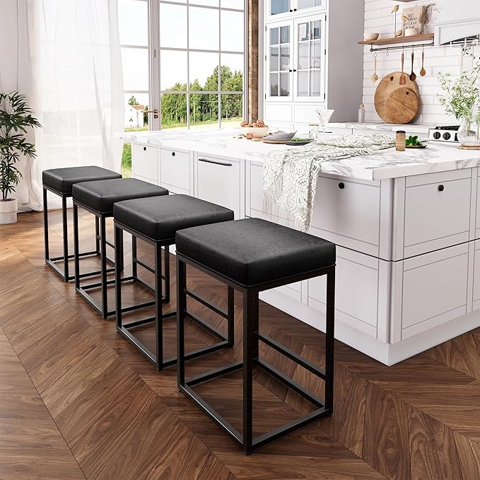 ALPHA HOME Black Metal Bar Stools with Padded Seat, 24"H x 14.76"L x 17.51"W, 350lbs Weight Capacity