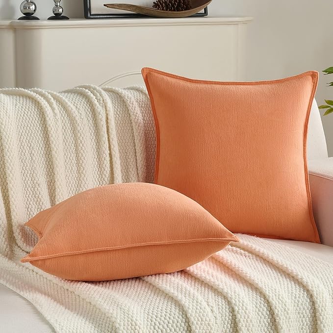 FUTEI Orange Chenille Throw Pillow Covers 24x24 Inch Set of 2,Edges Double-Stitched European Cushion Cases,Modern Home Decor for Couch Living Room