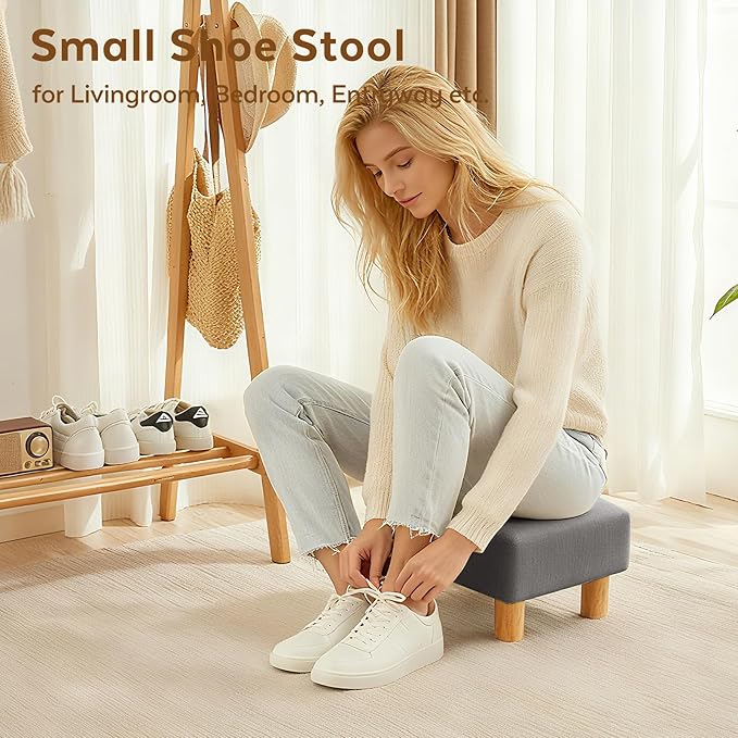 Small Foot Stool Ottoman, Linen Footstool Ottoman Foot Rest for Couch, Rectangle Footstools and Ottomans Small for Living Room, Entryway and Bedroom (Gray)