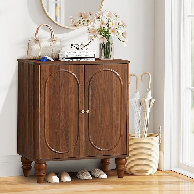 ORRD Fluted Storage Cabinet, Modern Credenza Wooden Accent Sideboard Buffet Cabinet Set of 2 with Adjustable Shelves and Solid Wood Legs, Console Table for Kitchen Dining Living Room Entryway, Walnut