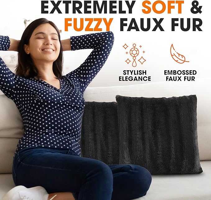 Cheer Collection Faux Fur Throw Pillows - Decorative Pillows for Couch, Bed Throw Pillows, Black Accent Pillows for Bedroom or Living Room Aesthetic, Set of 2 Furry Throw Pillows, 20" x 20"
