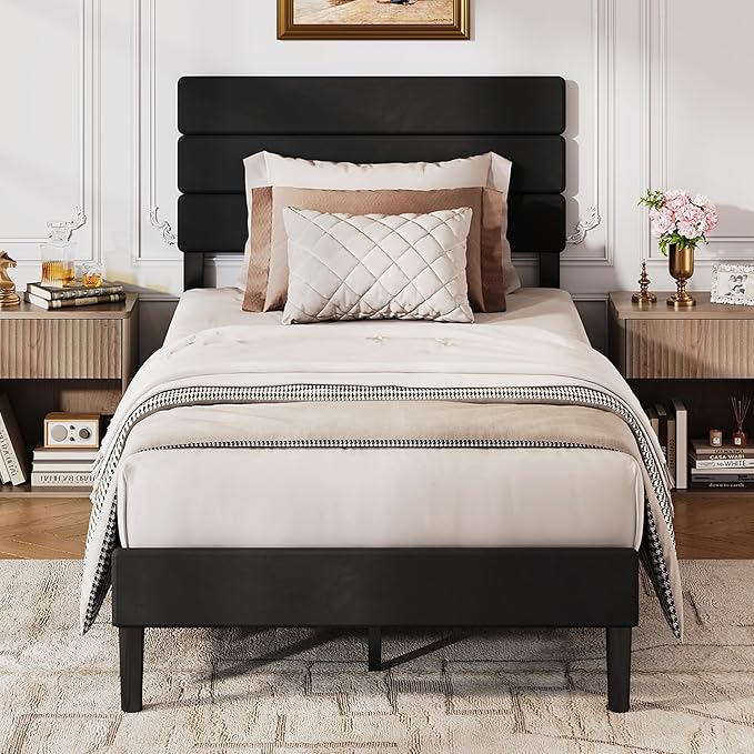 WLIVE Twin Size Upholstered Bed Frame, Velvet Square Tufted Headboard,Sturdy Metal & Wooden Slats Support, No Box Spring Needed, Black