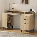 55" Fluted Executive Desk with Charging Station, Modern Wood Home Office Desk with with Storage Shelf & File Drawer, Writing Study Computer Table for Work Study, Light Oak