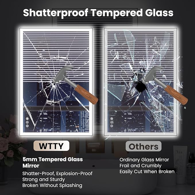 WTTY 24"X32" LED Bathroom Mirror with Black Frame, Bathroom Vanity Mirror with Lights for Wall, Front Light and Backlit, Anti-Fog, Dimmable, 3 Colors, Shatterproof, Memory, Horizontal/Vertical