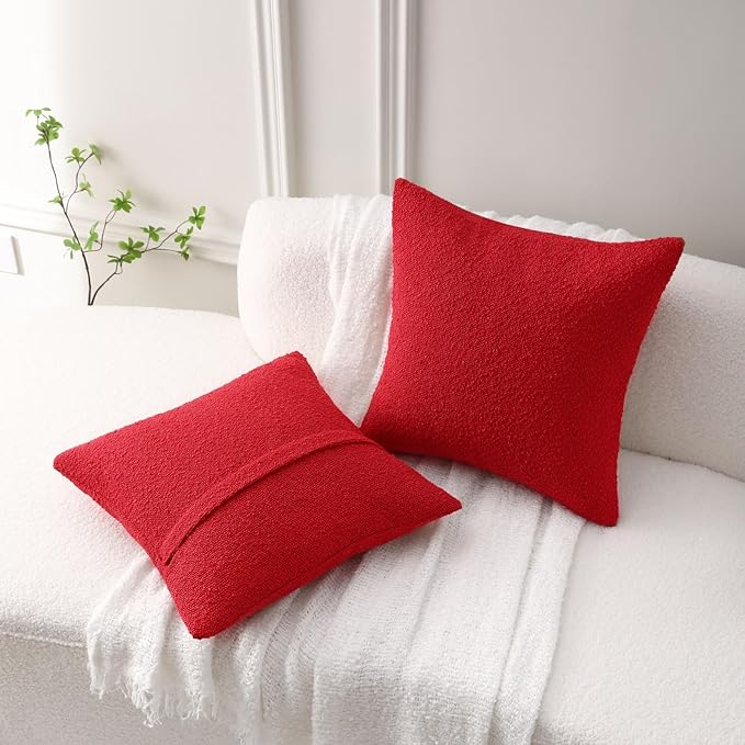 FUTEI Christmas Pack of 2 Red Decorative Throw Pillow Covers 24x24 Inch Soft Cozy Solid Boucle Textured European Cushion Case,Modern Home Decor for Couch Bed Living Room