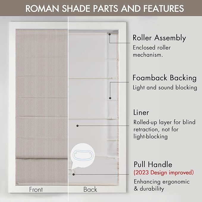 Madison Park Galen Cordless Roman Shade, 39"W x 64"H, Sheen Taupe – Room Darkening, Thermal Insulated, Energy Efficient Window Blind with Subtle Sheen Basketweave Fabric for Privacy