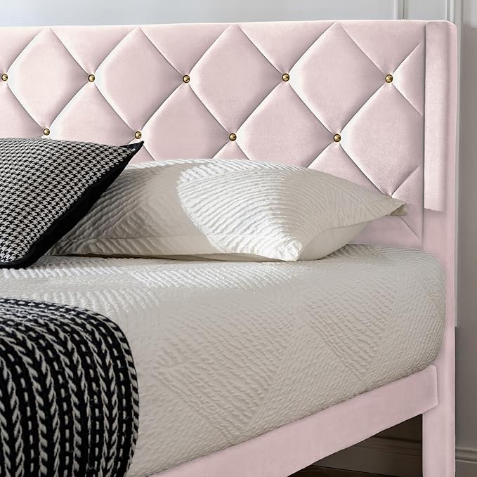 Full Size Platform Bed Frame with Velvet Upholstered Headboard and Sturdy Wooden Slats Support,Mattress Foundation，Easy Assembly, No Box Spring Needed,Slip Resistant (Pink, Full)