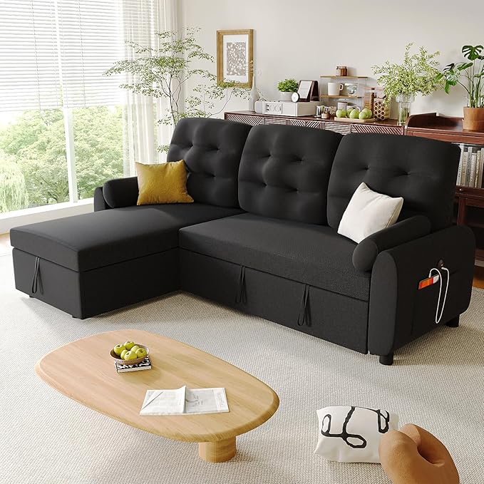 Ucloveria Sleeper Sofa Bed, 86" Convertible Sectional Sofa Couches for Living Room, Pull Out Couch Bed with Reversible Storage Chaise | USB Ports | Side Pockets | Removable Backrest
