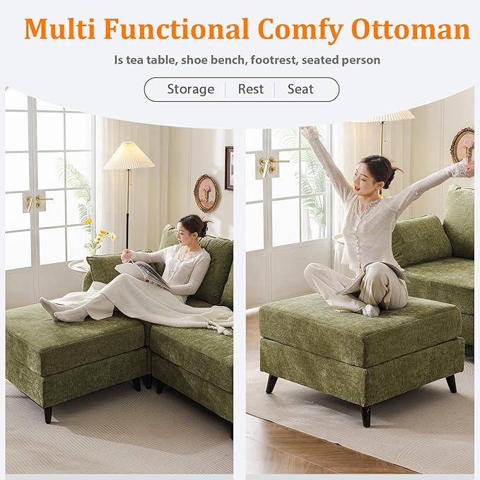 104'' Modular Sectional Sofa with All Seats Storage, Oversized Sleeper Sofa Bed,3-Seater Comfy Cloud Couch with Movable Ottoman,Big Sectional Couches for Living Room Bedroom,Velet,Green