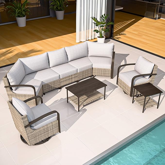 COOS BAY Aurora Terrace Half-Moon Outdoor Furniture Set, Rattan Conversation Set with Swivel Rockers, Curved 5-Seat Sofa, Coffee Table & Side Table, Seats 7, Beige/Beige