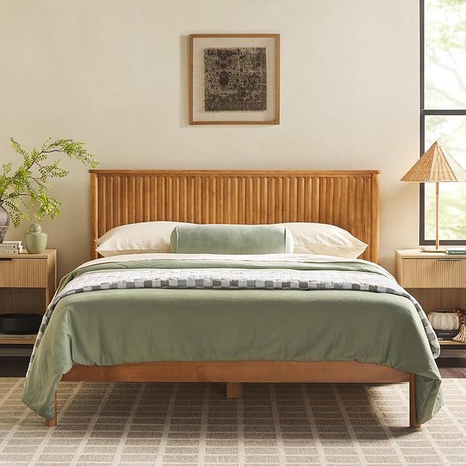 Walker Edison Queen Modern Reeded Headboard Solid Wood Bed, Queen Size, Blonde