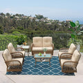VIVIJASON 7-Piece Outdoor Patio Wicker Conversation Sets, All Weather Outdoor Rattan Furniture Set Includes Glider Loveseat, 2 Glider Rocker Chairs, 2 Swivel-Gliders Chairs, 2 Coffee Table Light Brown