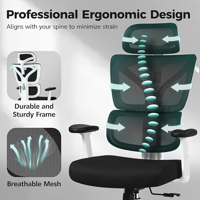 Ergonomic Office Chair High Back Desk Chair with Lumbar Support, Breathable Mesh Computer Chair with Adjustable Armrests Height, Reclining Swivel Big and Tall Gaming Chair for Home Office(White)