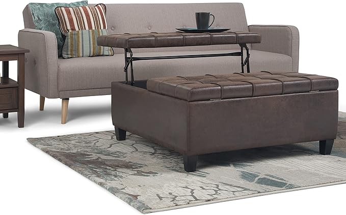 SIMPLIHOME Harrison Coffee Table Storage Ottoman - 36 inch Wide Upholstered Vegan Leather Square Lift-Top Ottoman in Distressed Brown, Transitional Ottoman for Living Room with Hidden Storage