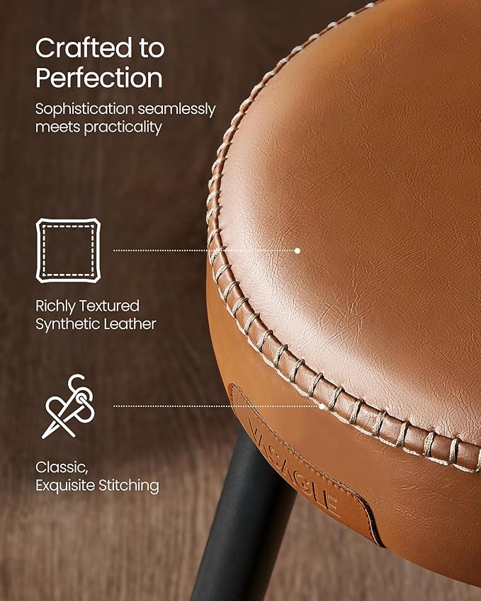 VASAGLE EKHO Collection - Dining Chairs Stools Set of 2, Upholstered Kitchen Chairs, Vanity Stools, Synthetic Leather with Stitching, Mid-Century Modern, 19-Inch Tall, Easy Assembly, Caramel Brown
