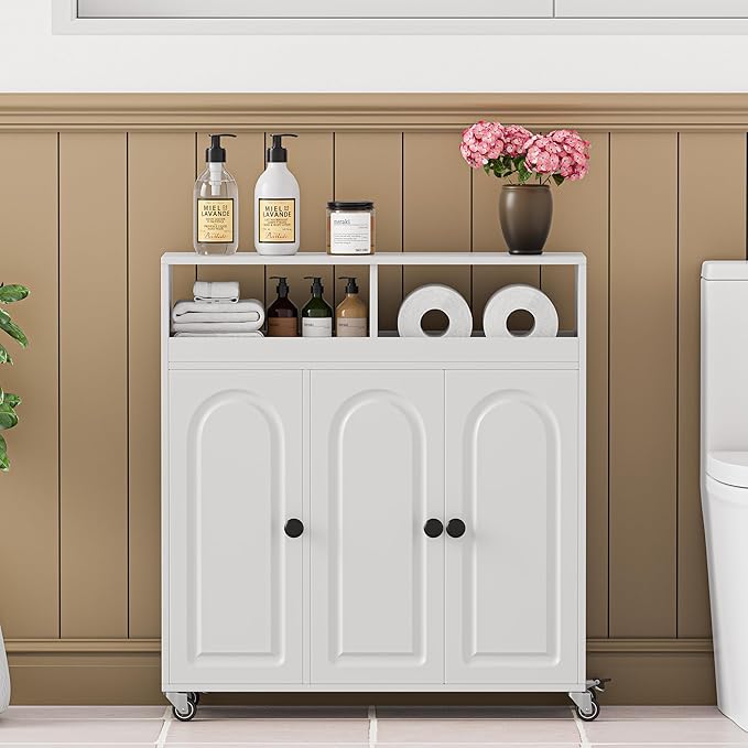 Bathroom Storage Cart with Doors，3-Door Cabinet & Divided Open Shelf，Rolling Organizer Cart for Bathroom, Toilet，White (1)