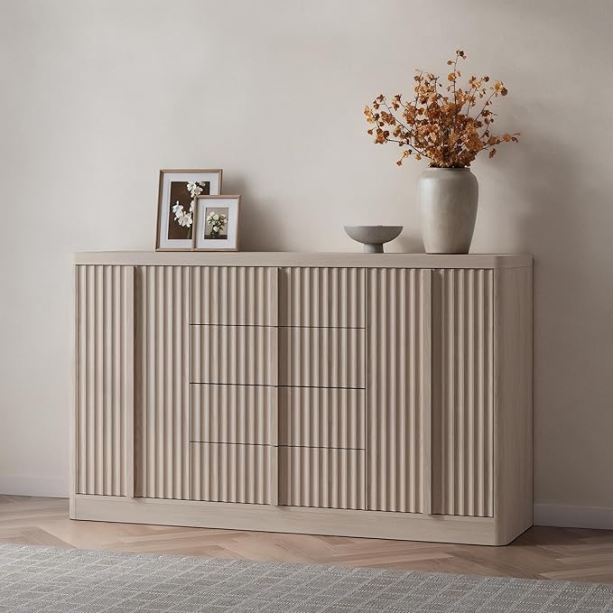 Buffet Cabinet with Storage, 60" Fluted Sideboard with 4 Drawers & 2 Door–Modern Accent Buffet Cabinet with Adjustable Shelves, Credenza Storage Cabinet for Kitchen Living Room, White Alder(1PC)