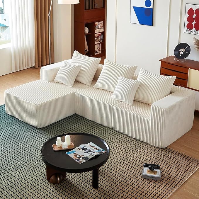 102" Sectional Couches for Living Room,Boneless Cloud Couch,L-Shaped Sofa with Oversized Deep Seat,Comfy Couch for Bedroom,Compressed Sofa in a Box,No Assembly Required(Corduroy,Beige)