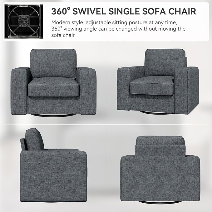 360 Degree Rotation Swivel Accent Sofa Chairs, 36'' Width Oversized Armchairs 1 pcs Linen Living Room-Dark Gray
