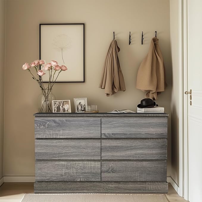 Gray Dresser for Bedroom, Modern 6 Drawer Dresser, Freestanding Wood Dressers, Wide Chest of Drawers Dressers, TV Stand with Sturdy Base Storage for Living Room, Hallway, Entryway