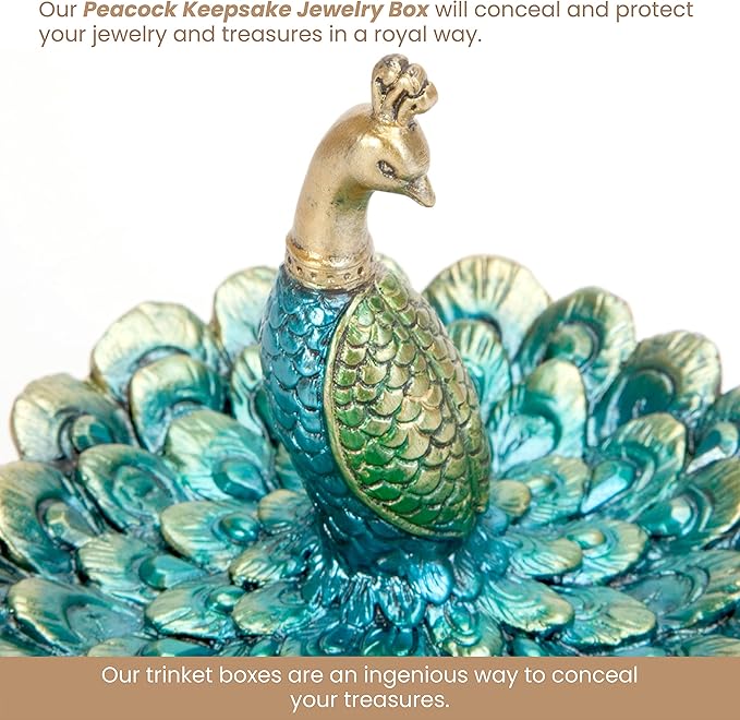 Bits and Pieces Peacock Jewelry Box for Women Small Keepsake Box with Peacock Figurine Lid - Decorative Boxes for Home Decor