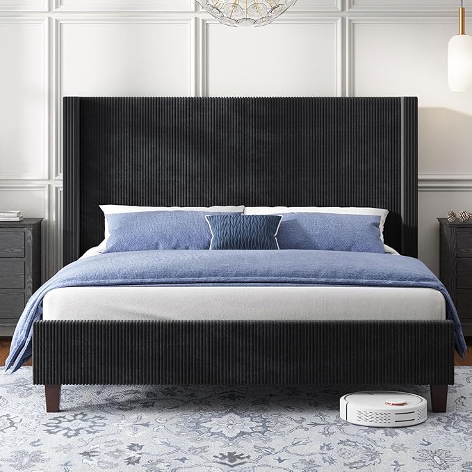 HOWE Queen Size Upholstered Bed Frame, Wingback Platform Bed with 50.8" Headboard, Corduroy/Solid Wood Leg/No Box Spring Needed/Noise Free/Black