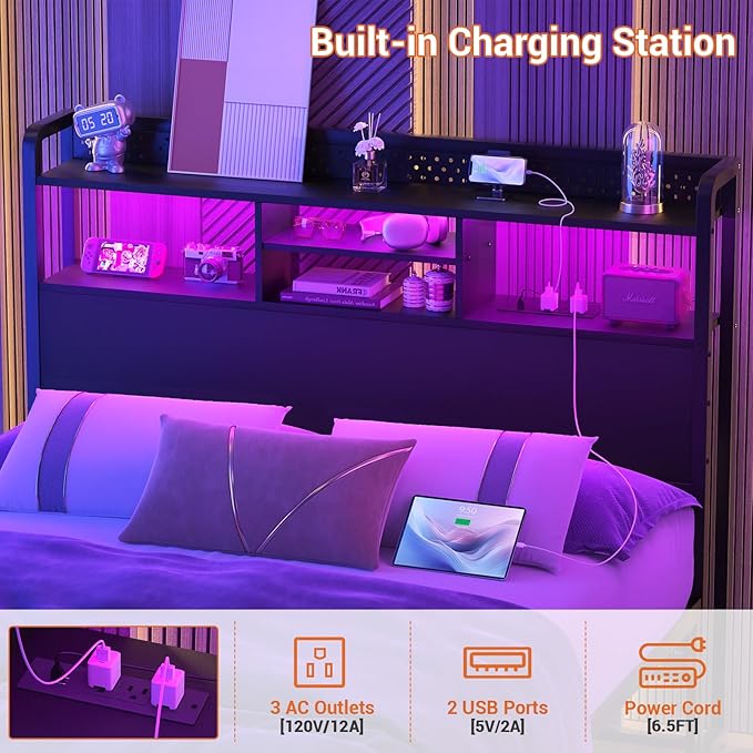 Unikito Headboard for Full Size Bed with Storage Shelf, Head Board with 3 Outlets and 2 USB Ports, Headboards with RGB LED Light, Height Adjustable, Sturdy and Stable, Easy Assembly, Black