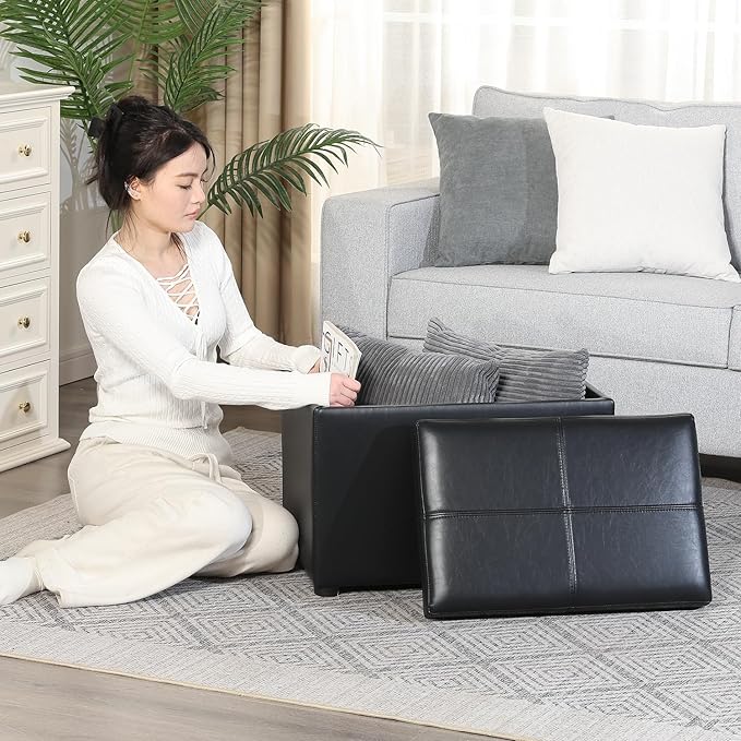 Adeco 22 Inches Storage Ottoman Bench, Non-Folding End of Bed Foot Rest Stools Ottoman with Thicker Foam Padded Seat, Upholstered Storage Chest for Living Room, Entryway, Bedroom