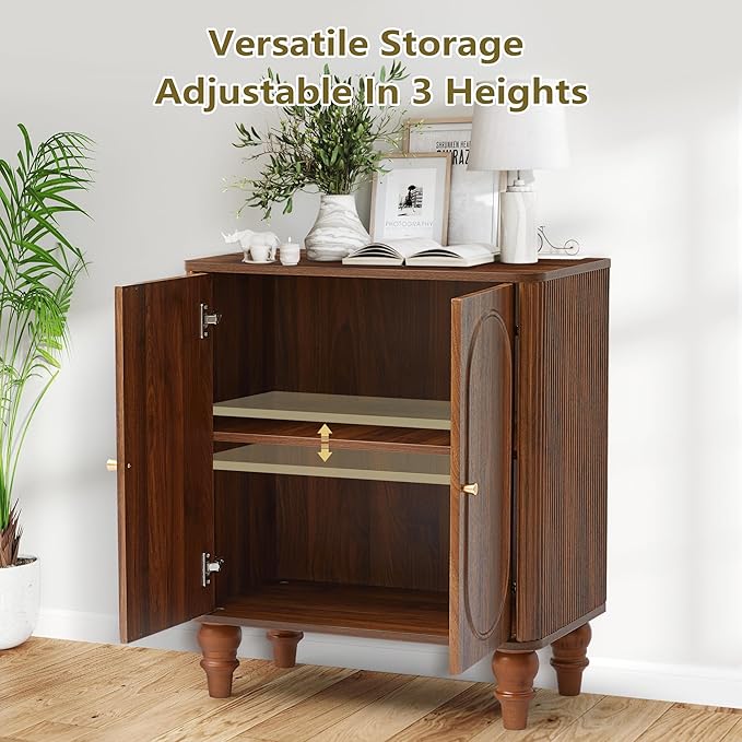 ORRD Fluted Storage Cabinet, Modern Credenza Wooden Accent Sideboard Buffet Cabinet Set of 2 with Adjustable Shelves and Solid Wood Legs, Console Table for Kitchen Dining Living Room Entryway, Walnut