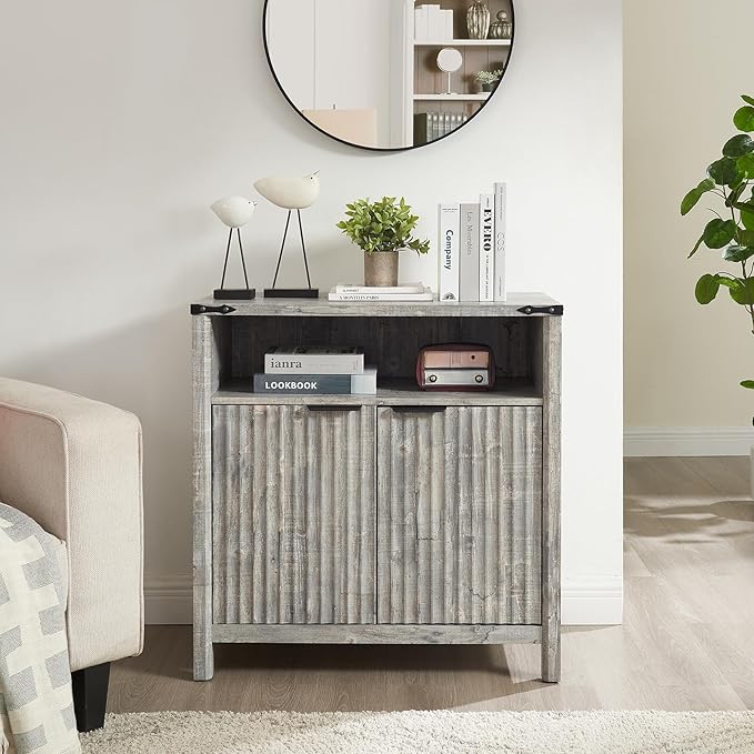 Buffet Cabinet with Storage - Modern Farmhouse Rustic 32 Fluted Sideboard Storage Cabinet Buffet with Adjustable Shelves, Coffee Wine Bar Organizer for Dining Room (Grey)