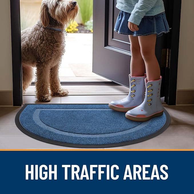 OLANLY Half Circle Door Mat Indoor Outdoor Entrance Welcome, Waterproof All-Season, All-Weather Doormat, Sturdy Natural Rubber, Low Profile, Easy Clean Patio Porch Entryway Mat, 35x23, Light Blue