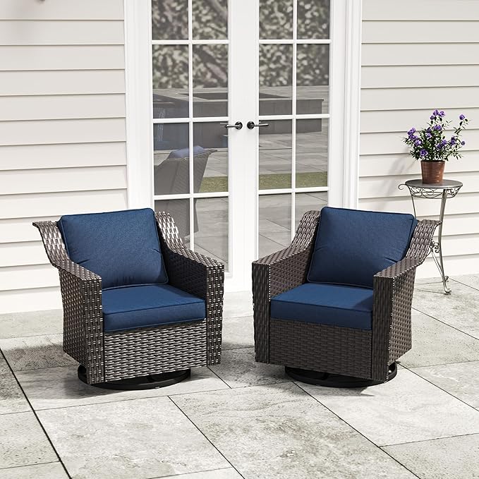 Patio 2 Pieces Wicker Swivel Chairs Set of 2，Outdoor PE Rattan Rocking Glider Armchairs, Water-Resistant Cushions with Removable and Washable Covers, Porch, Balcony, Sunroom (Navy Blue)