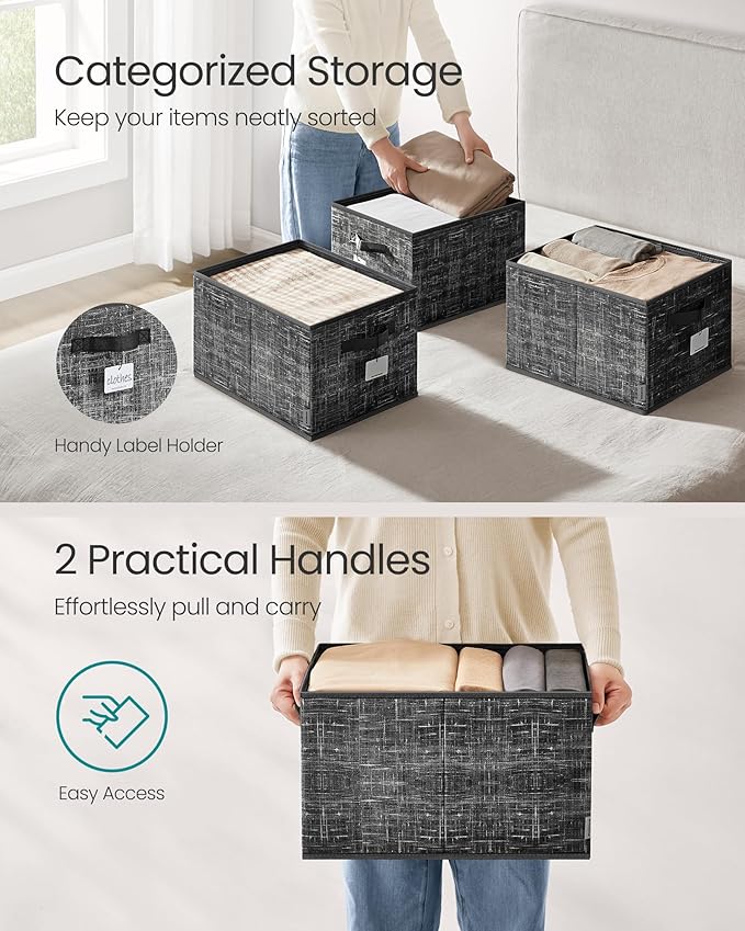 SONGMICS Storage Cubes, 15.7 x 11.8 x 9.5 Inches Non-Woven Fabric Bins with Double Handles, Set of 3, Closet Organizers for Shelves, Foldable, for Clothes, Ink Black UROB440B01