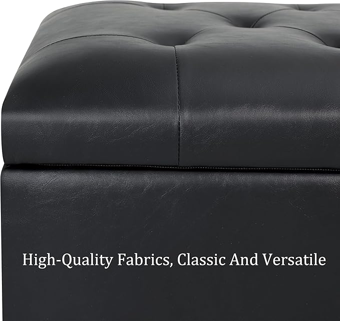 Leather Storage Ottoman Bench with 360° Caster Wheels, 24" Black Rectangle Rolling Ottoman with Storage, Foot Rest Bench Rectangle Ottomans Stool for Living Room Bedroom