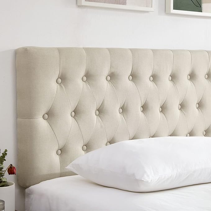 Kingfun Headboards in Modern Button Design, Premium Linen Fabric Upholstered Tufted Bed Headboard, Adjustable Solid Wood Head Board (Beige, Twin)