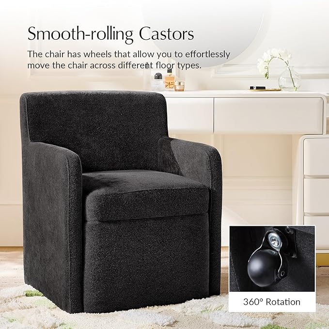 HULALA HOME Upholstered Dining Chair Set of 2 with Smooth-roling Castors, Modern Fabric Side Dining Room Chairs with Built-in Storage, Multi-Purpos Kitchen Chairs for Living Room, Black