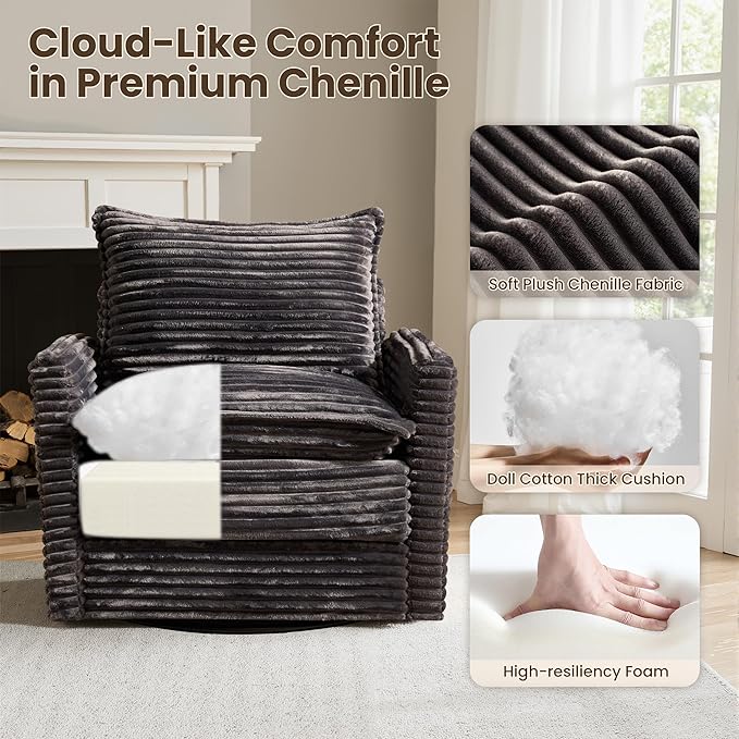 98" Modular Sofa with Swivel Chairs, Modern L Shape Cloud Sectional Couch Plush Corduroy 5 Seater Deep Seat Sofas Set & Accent Armchair Set of 2 for Living Room, Gray