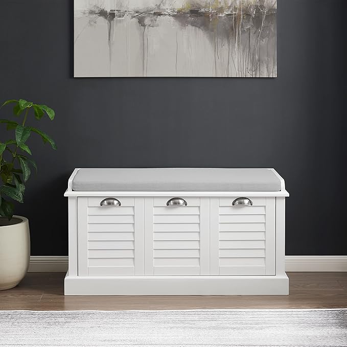 Crosley Furniture Ellison Entryway Storage Bench with Shoe Rack Organizer Drawer, White with Gray Cushion
