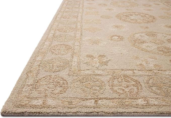 Loloi Chris Loves Julia Dorothea Collection DRT-03 Dove/Natural 2'-6" x 9'-9" Runner Rug Wool Neutral Floral Living Room Bedroom Carpet