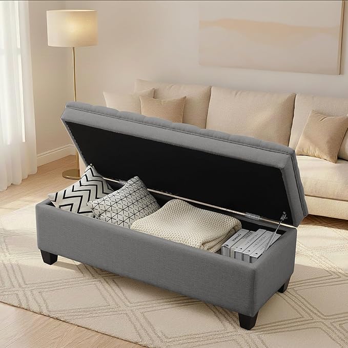 50" Storage Ottoman Bench, Rectangular End of Bed Storage Bench, Upholstered Large Fabric Tufted Ottoman with Storage for Living Room, Bedroom, Entryway,Dark Gray