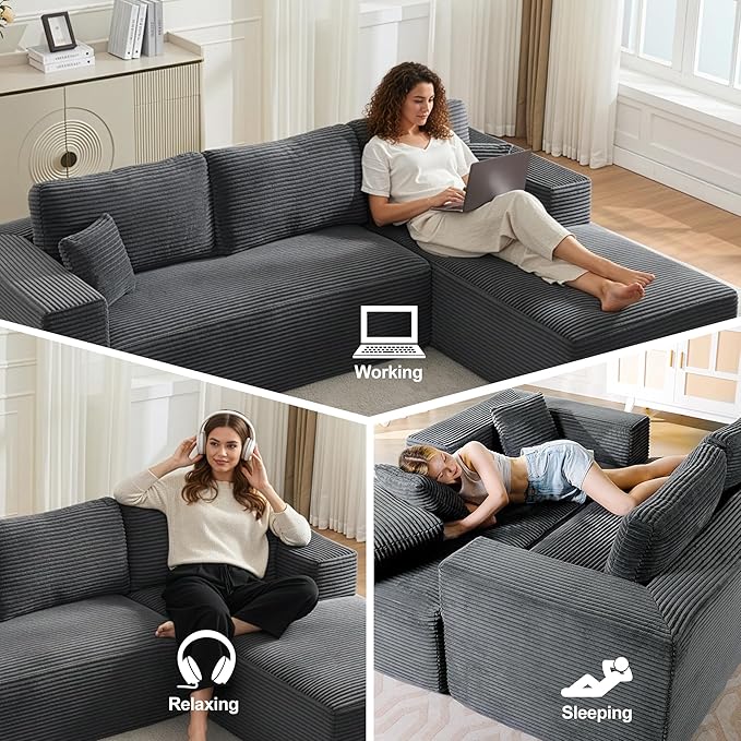 106" Cloud Modular Sectional Sofa Couch,L-Shape Modern Boneless Sectional Couch with Deep Seat,Upholstered Couches for Living Room Bedroom,No Assembly Required,Grey