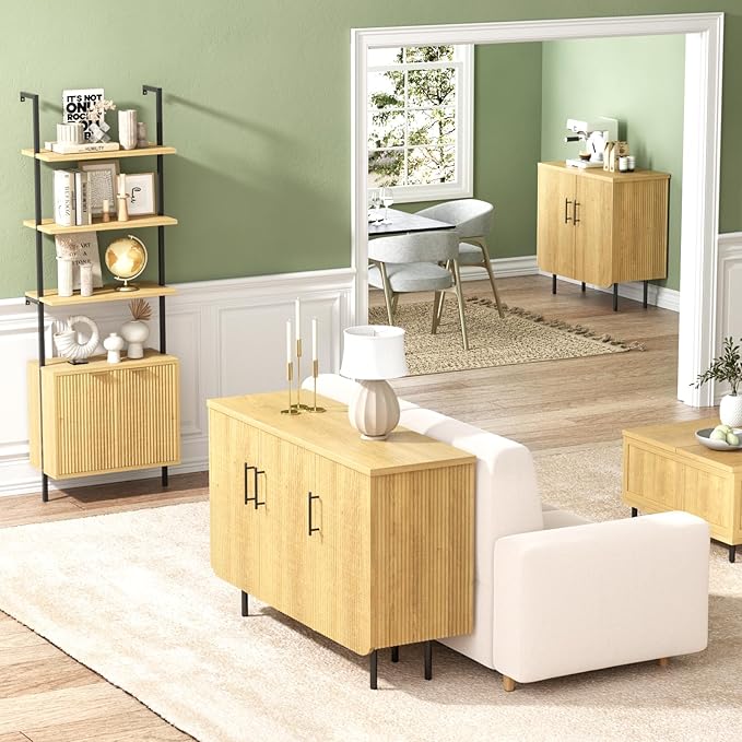 Buffet Cabinet with Storage, Sideboard with 2 Doors, Adjustable Shelf, Fluted Accent Cabinet for Living Room, Modern,Natural