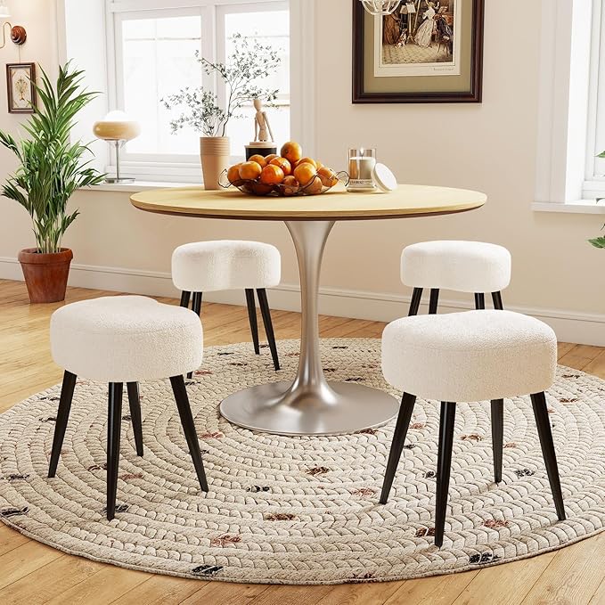 White Vanity Stool, Soft Makeup Stool with Solid Metal Legs for Vanity Corner, Morden Footrest Easy to Assembly