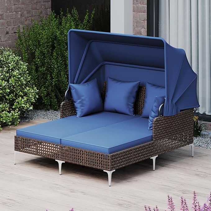 HAPPYGRILL Outdoor Daybed with Retractable Canopy, PE Wicker Rattan Patio Double Chaise Lounger with Cushions, Outside Sunbed Furniture for Garden, Poolside and Backyard (Navy)